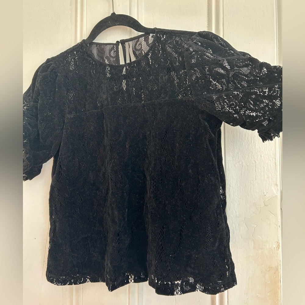 Anthropologie Parvati Black Velvet Lace Puff Sleeve Top - Picture 3 of 5